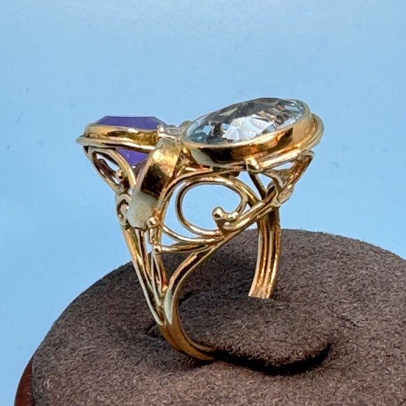 14k Yellow Gold Multi-Gemstone Handmade Statement Ring 2mm Width Size 5 - Picture 3 of 9